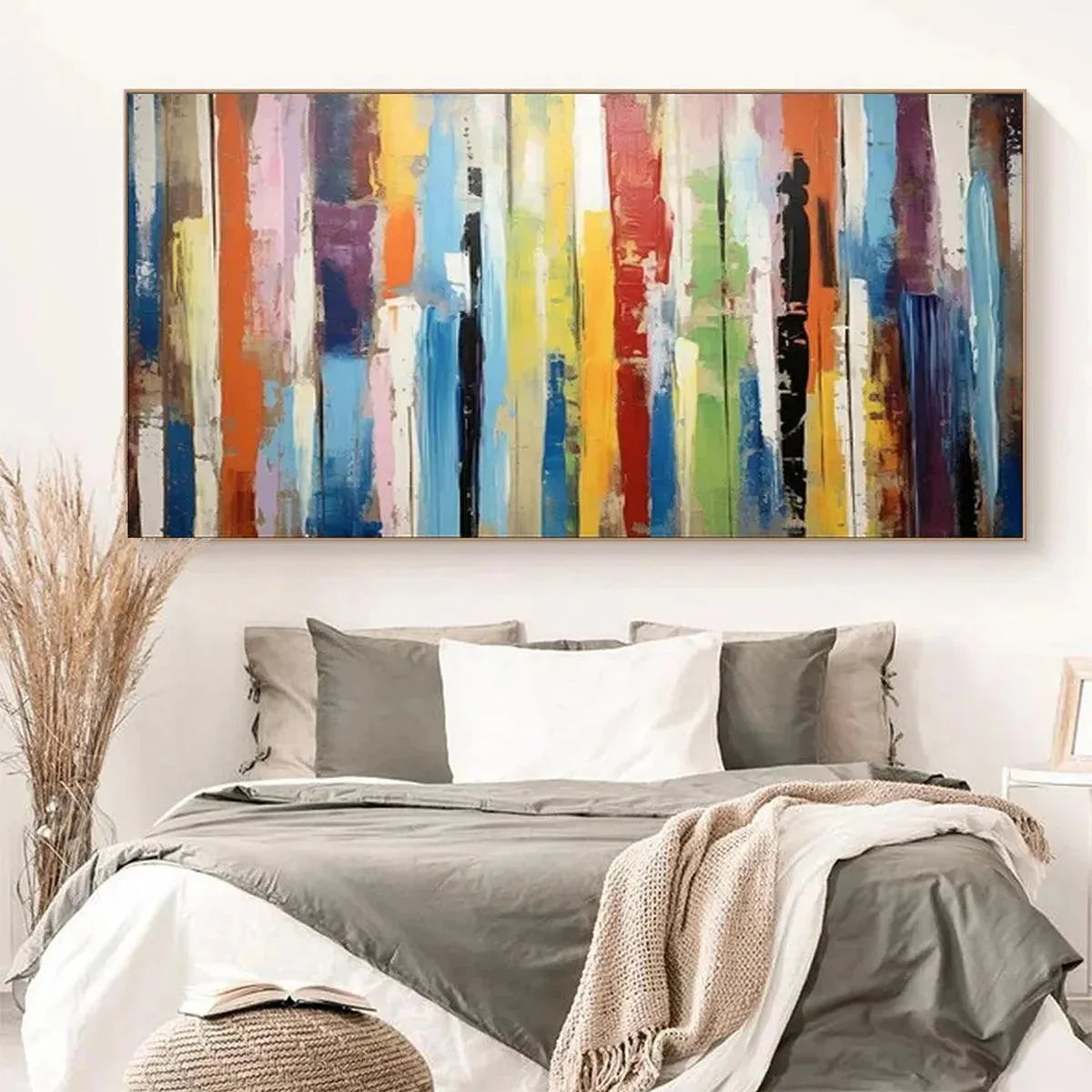 COLOR HARMONY: Abstract Painting with Colorful Vertical Stripes | beige palette, original Hand-painted on premium stretched canvas using artist-grade oils; rich layered surface combines smooth grad...