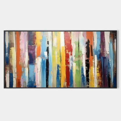 COLOR HARMONY: Abstract Painting with Colorful Vertical Stripes | hanging in COLOR HARMONY: Abstract Painting with Colorful Vertical Stripes featuring layered textured brushwork in refined tones; a...