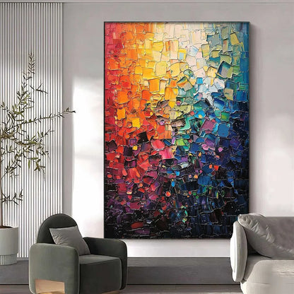 COLOR SYMPHONY: Textured Abstract Impasto Oil Painting | gold frame stretched on neutral wall