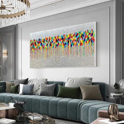 COLORFALL: Vibrant Abstract Oil Painting on Silver Leaf | gold frame stretched on neutral wall