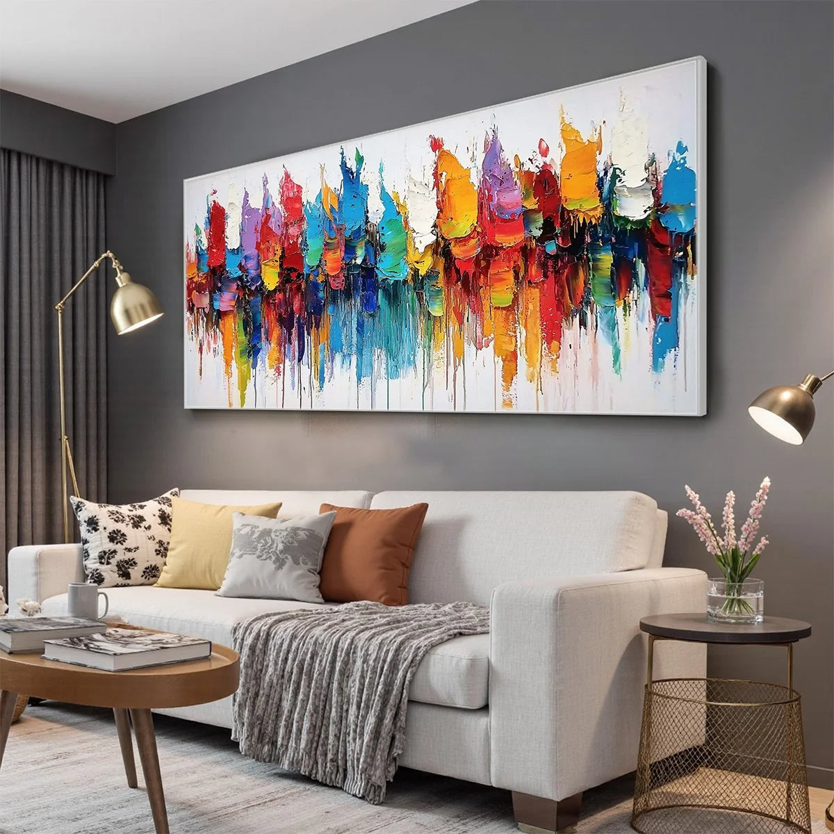 COLORFALLS: Panoramic Abstract Oil Painting in Vibrant Hues | gold frame stretched on neutral wall