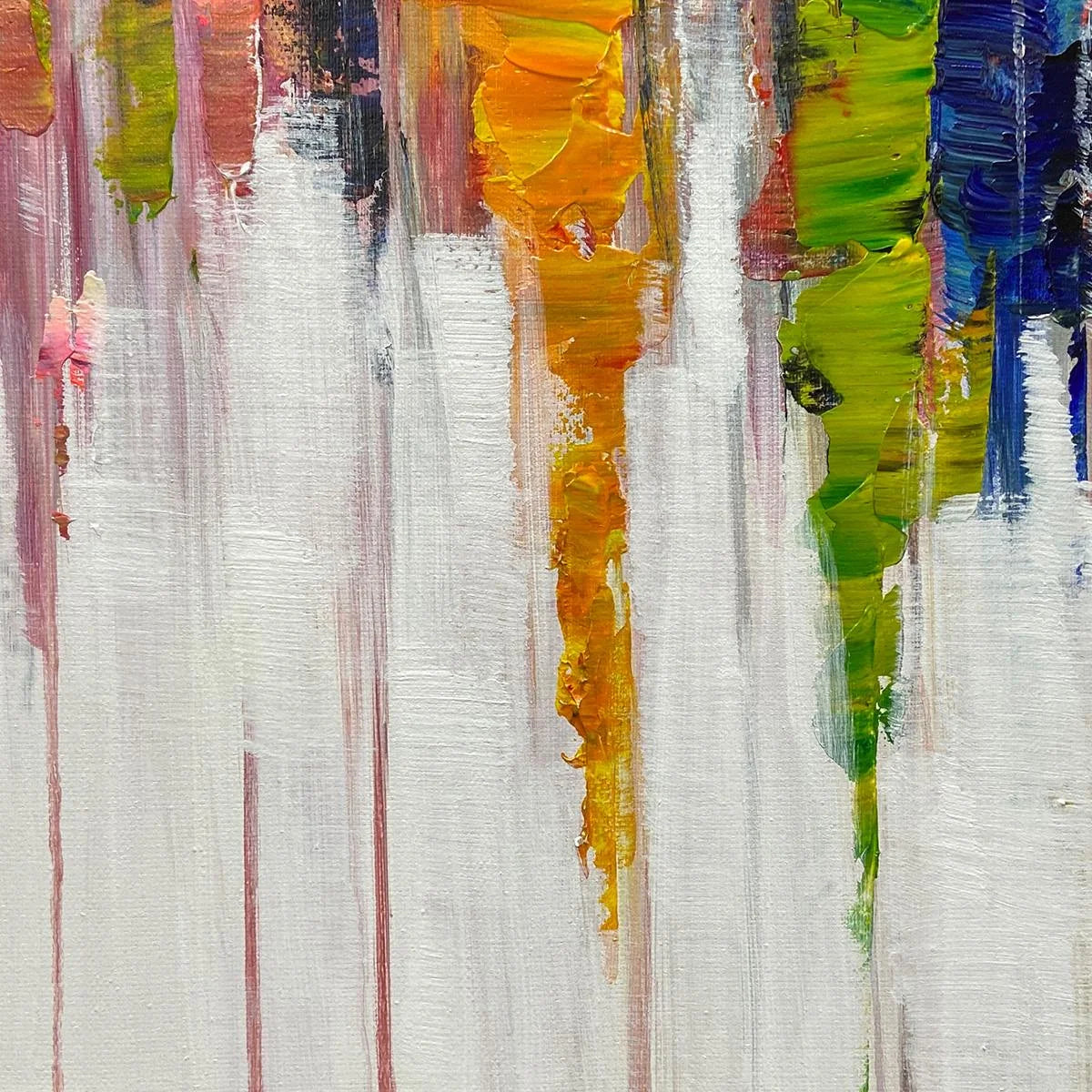 COLORFALLS: Panoramic Abstract Oil Painting in Vibrant Hues | black frame version on white wall