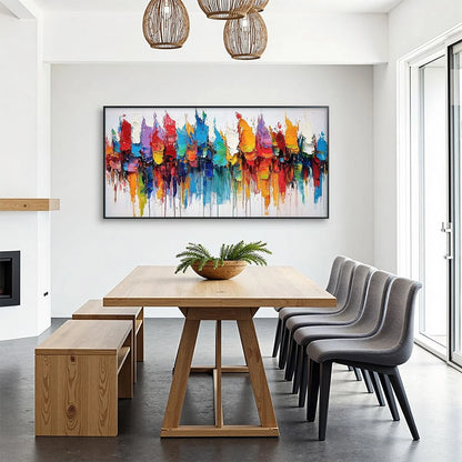 COLORFALLS: Panoramic Abstract Oil Painting in Vibrant Hues | Abstract mood, soft natural light studio shot