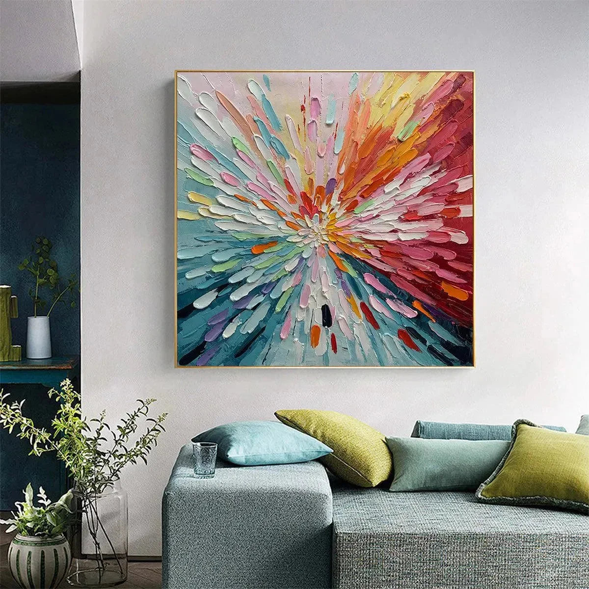 Colorful Abstract Burst Oil Painting - Modern Art | gold frame stretched on neutral wall