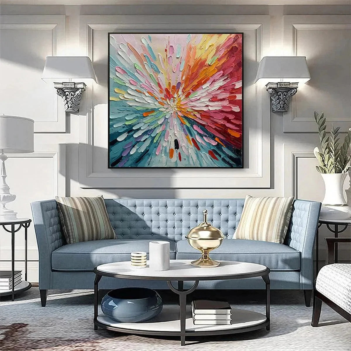 Colorful Abstract Burst Oil Painting - Modern Art | black frame version on white wall