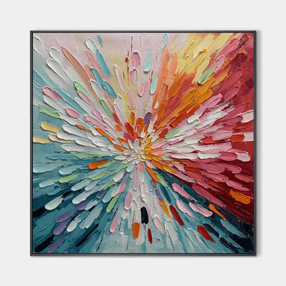 Colorful Abstract Burst Oil Painting - Modern Art | hanging in Colorful Abstract Burst Oil Painting - Modern Art featuring layered textured brushwork in refined tones; abstract composition with ric...