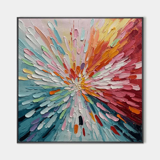 Colorful Abstract Burst Oil Painting - Modern Art | hanging in Colorful Abstract Burst Oil Painting - Modern Art featuring layered textured brushwork in refined tones; abstract composition with ric...