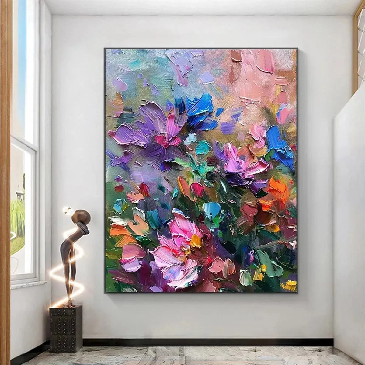 COLORFUL BLOOM: Vertical Impasto Floral Painting in Vibrant Colors | gold frame stretched on neutral wall