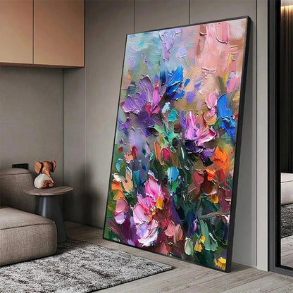 COLORFUL BLOOM: Vertical Impasto Floral Painting in Vibrant Colors | rolled canvas, ready for custom framing