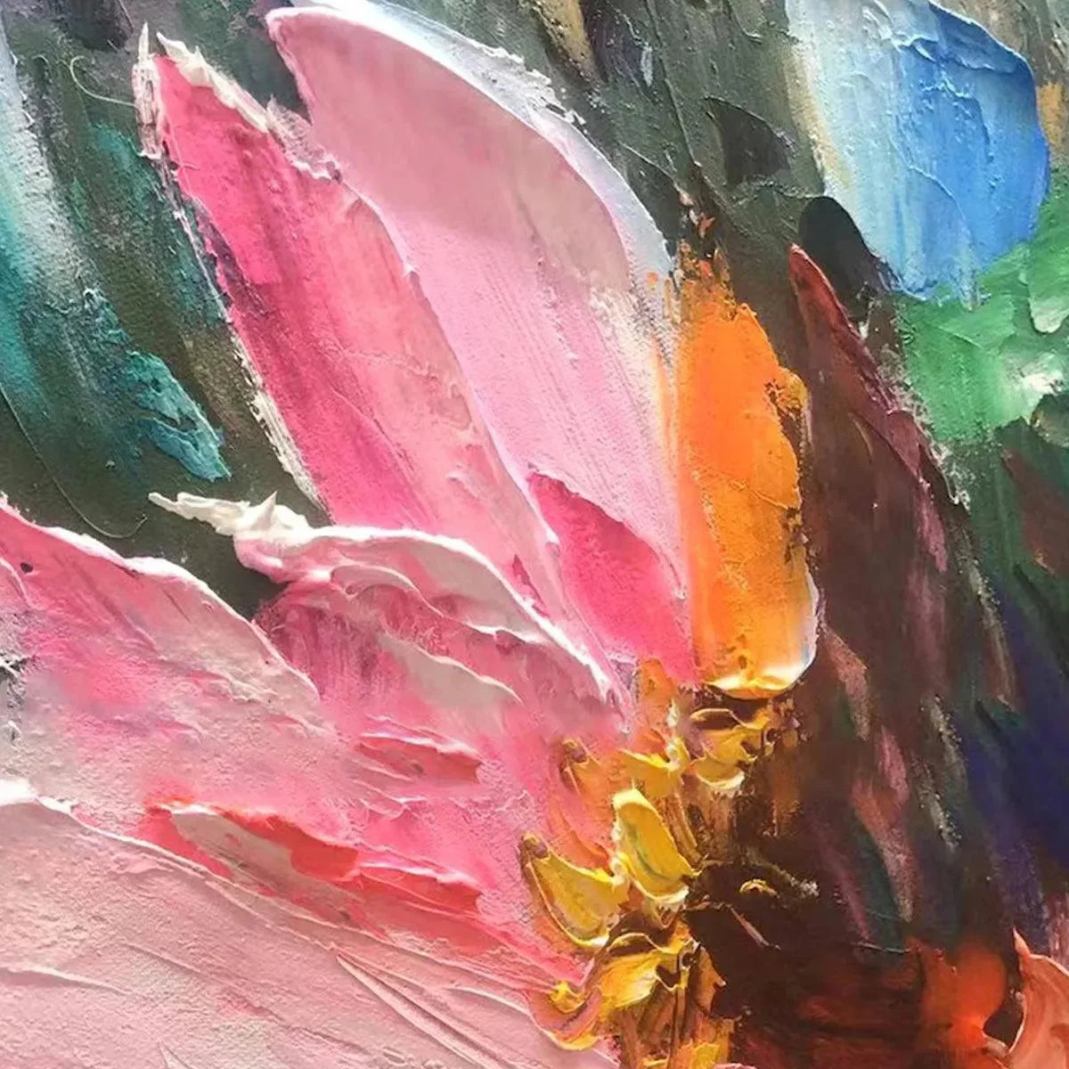 COLORFUL BLOOM: Vertical Impasto Floral Painting in Vibrant Colors | black frame version on white wall