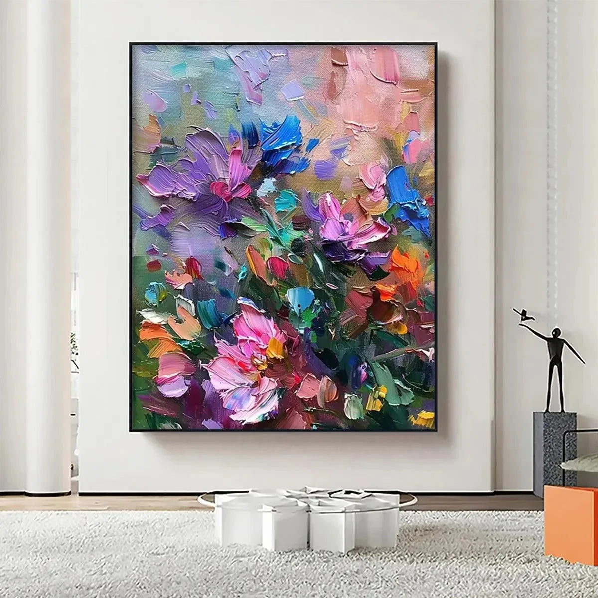 COLORFUL BLOOM: Vertical Impasto Floral Painting in Vibrant Colors | beige palette, original Hand-painted on premium stretched canvas using artist-grade oils; rich layered surface combines smooth g...
