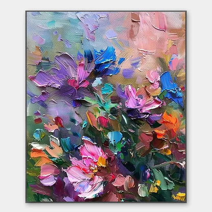 COLORFUL BLOOM: Vertical Impasto Floral Painting in Vibrant Colors | hanging in COLORFUL BLOOM: Vertical Impasto Floral Painting in Vibrant Colors featuring layered textured brushwork in refined to...