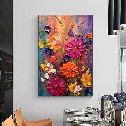 COLORFUL BOUQUET: Vertical Impasto Floral Painting, Vibrant Colorful Flowers, Textured Wall Art | Abstract closeup, raised brushwork detail