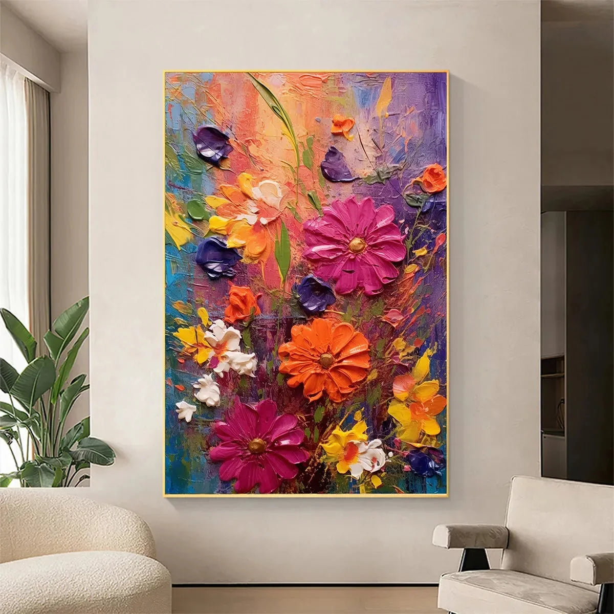 COLORFUL BOUQUET: Vertical Impasto Floral Painting, Vibrant Colorful Flowers, Textured Wall Art | gold frame stretched on neutral wall