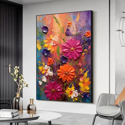 COLORFUL BOUQUET: Vertical Impasto Floral Painting, Vibrant Colorful Flowers, Textured Wall Art | rolled canvas, ready for custom framing