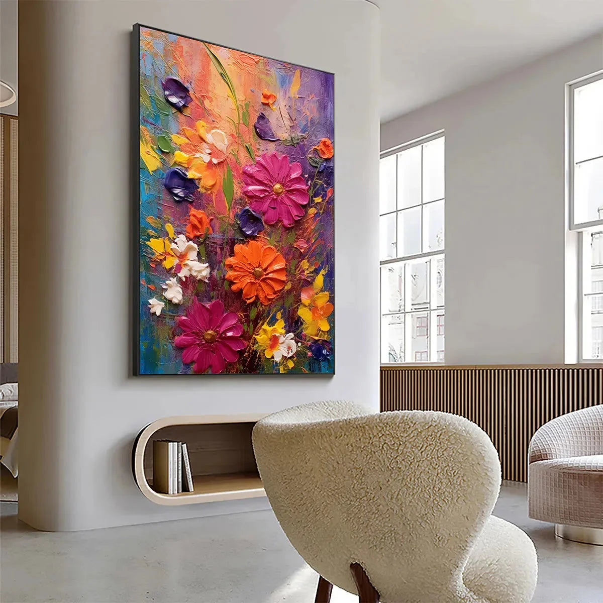 COLORFUL BOUQUET: Vertical Impasto Floral Painting, Vibrant Colorful Flowers, Textured Wall Art | Abstract mood, soft natural light studio shot