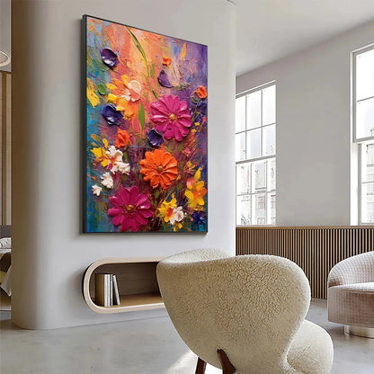 COLORFUL BOUQUET: Vertical Impasto Floral Painting, Vibrant Colorful Flowers, Textured Wall Art | Abstract mood, soft natural light studio shot