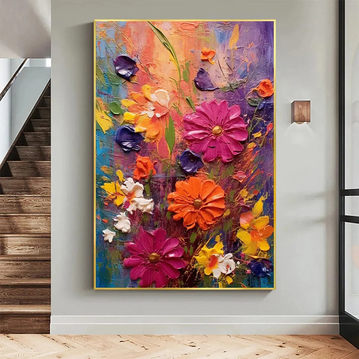 COLORFUL BOUQUET: Vertical Impasto Floral Painting, Vibrant Colorful Flowers, Textured Wall Art | beige palette, original Hand-painted on premium stretched canvas using artist-grade oils; rich laye...