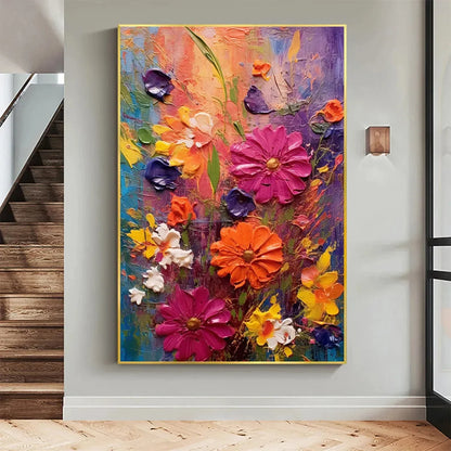 COLORFUL BOUQUET: Vertical Impasto Floral Painting, Vibrant Colorful Flowers, Textured Wall Art | beige palette, original Hand-painted on premium stretched canvas using artist-grade oils; rich laye...