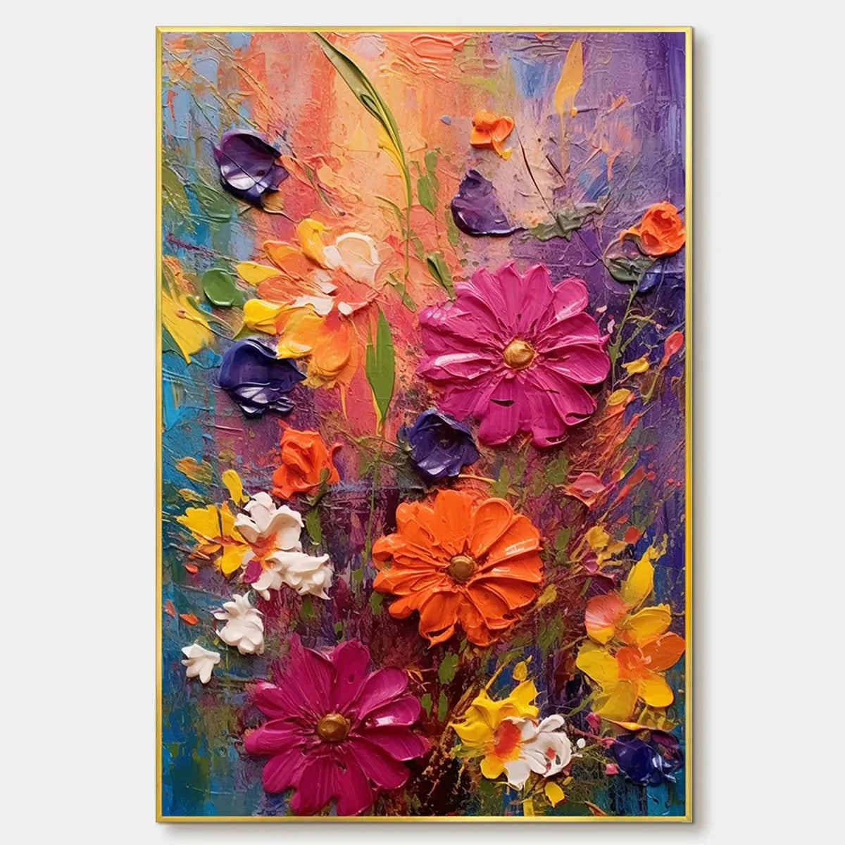 COLORFUL BOUQUET: Vertical Impasto Floral Painting, Vibrant Colorful Flowers, Textured Wall Art | hanging in COLORFUL BOUQUET: Vertical Impasto Floral Painting, Vibrant Colorful Flowers, Textured W...