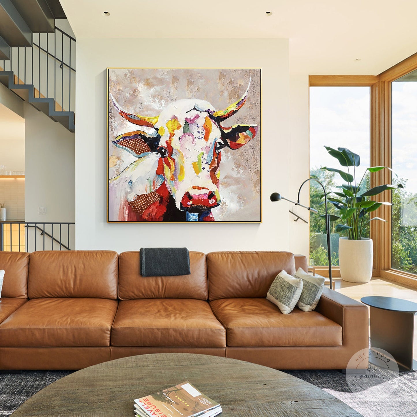 Colorful Cow Painting on Canvas, Heavy Texture Palette Knife Farmhouse Wall Art, #3