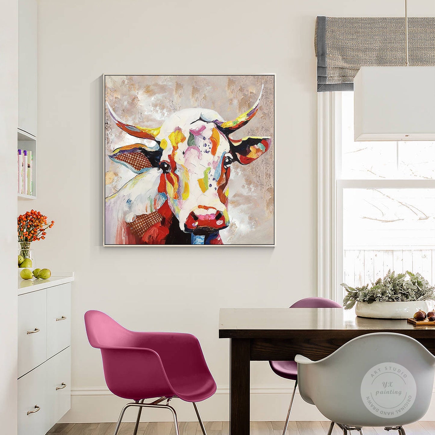 Colorful Cow Painting on Canvas, Heavy Texture Palette Knife Farmhouse Wall Art, #4