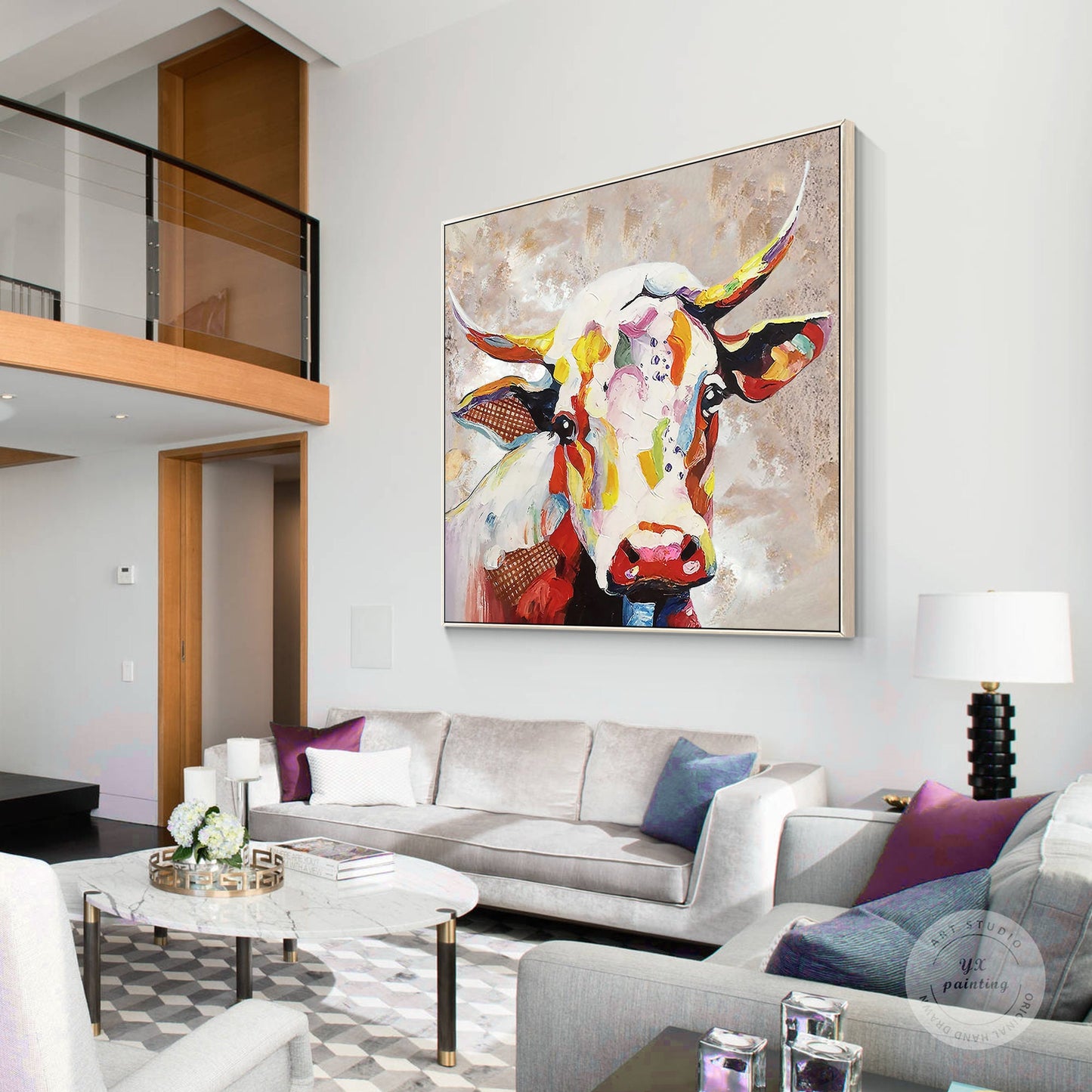 Colorful Cow Painting on Canvas, Heavy Texture Palette Knife Farmhouse Wall Art, #5
