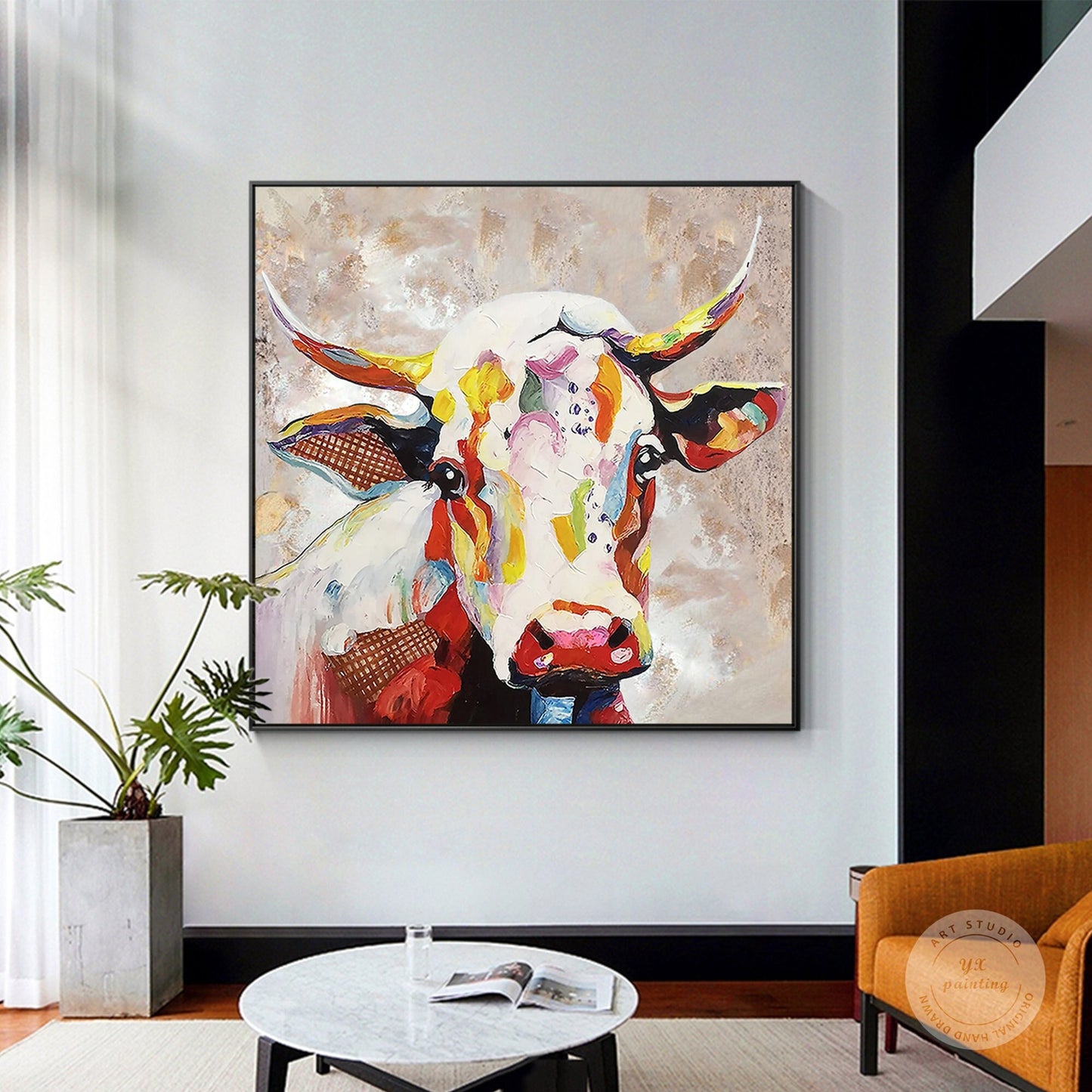 Colorful Cow Painting on Canvas, Heavy Texture Palette Knife Farmhouse Wall Art, #1