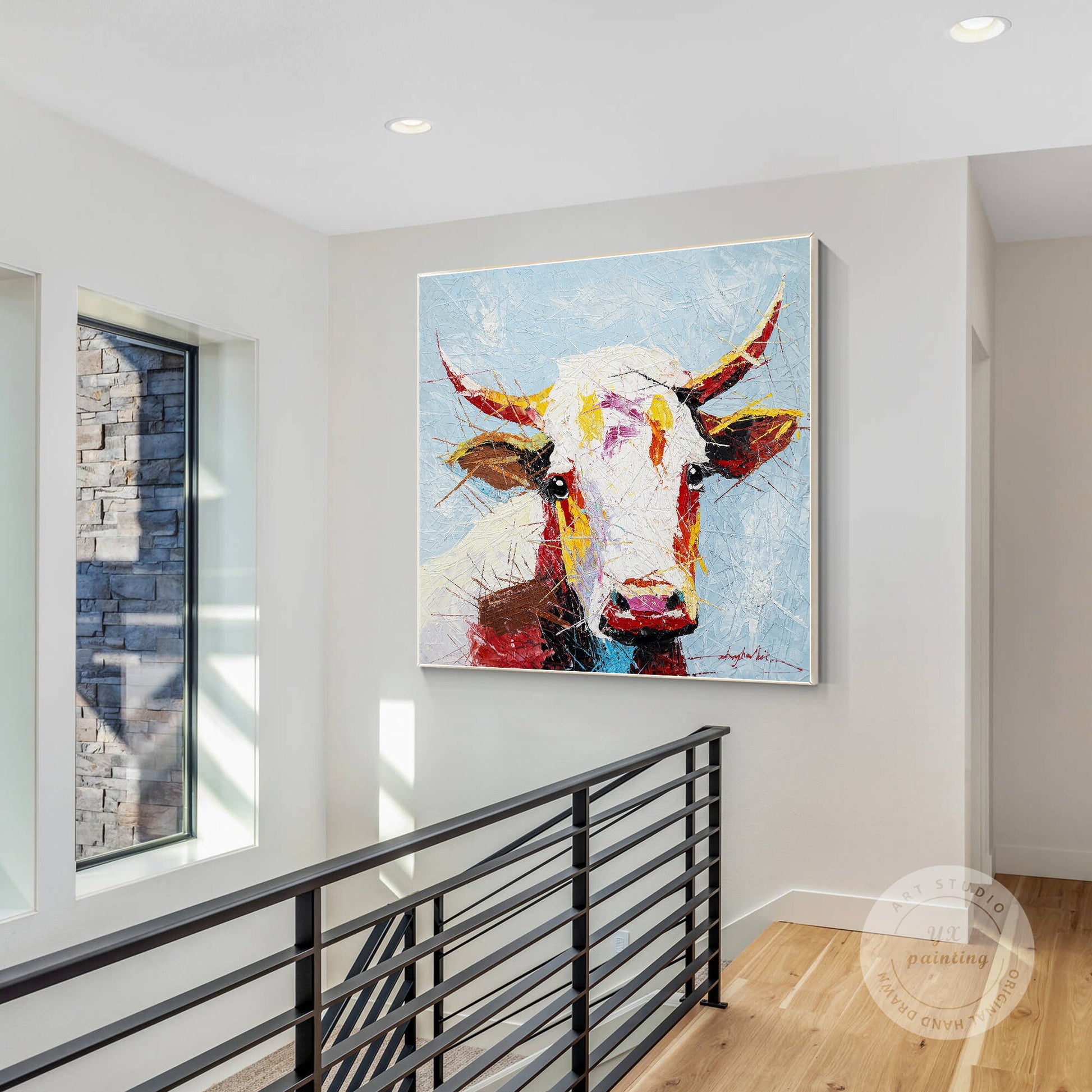 Colorful Cow Painting: Original Texture Art on Canvas, Framed #2