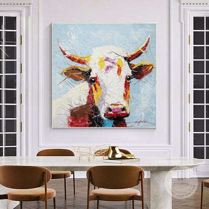 Colorful Cow Painting: Original Texture Art on Canvas, Framed #3