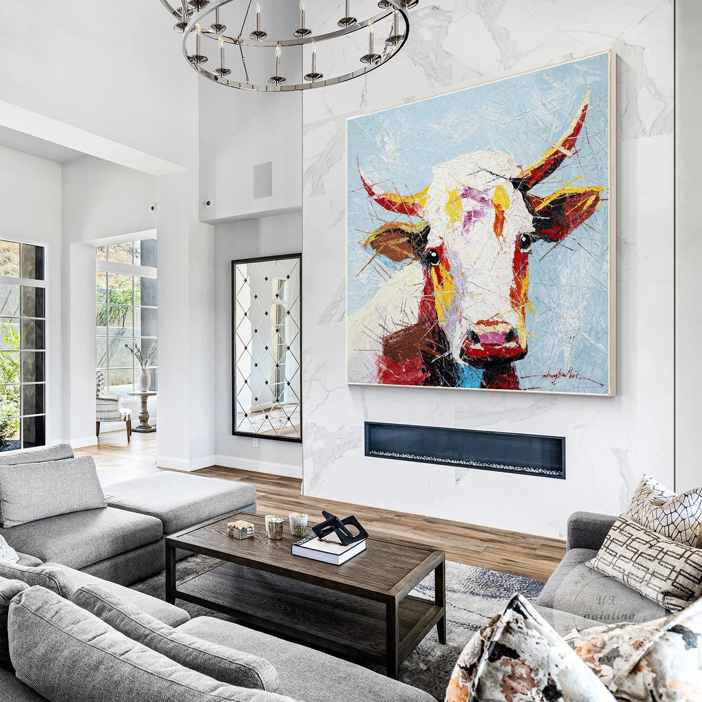 Colorful Cow Painting: Original Texture Art on Canvas, Framed #4