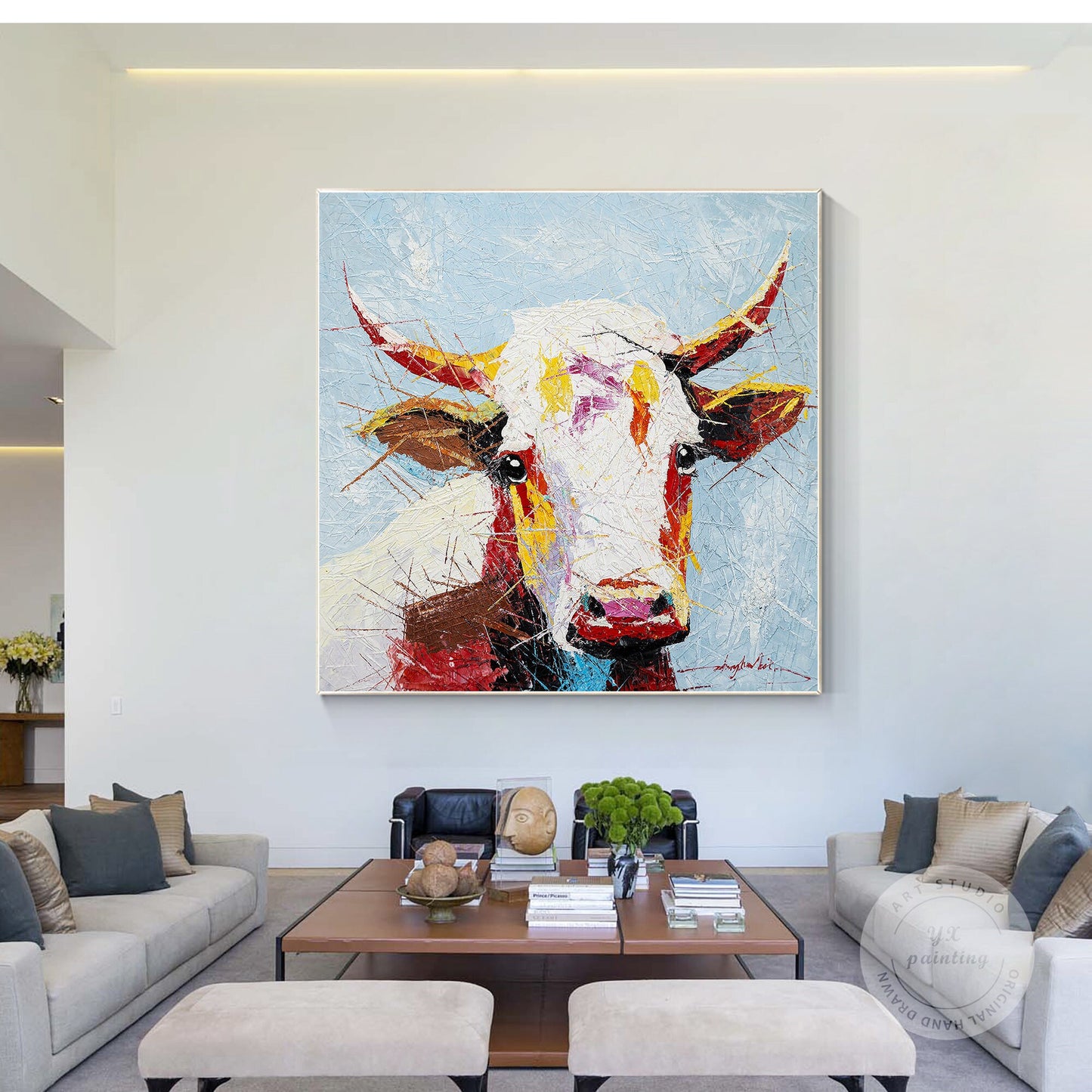 Colorful Cow Painting: Original Texture Art on Canvas, Framed #5