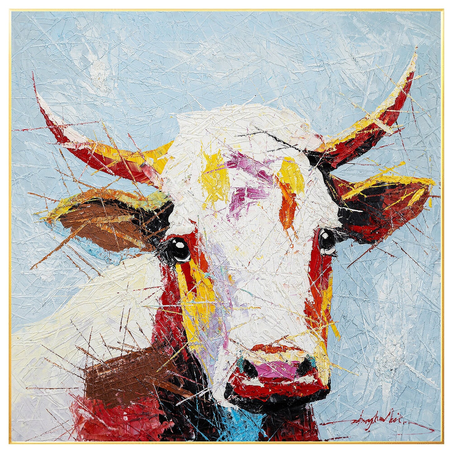 Colorful Cow Painting: Original Texture Art on Canvas, Framed #8