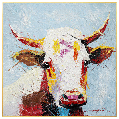 Colorful Cow Painting: Original Texture Art on Canvas, Framed #8