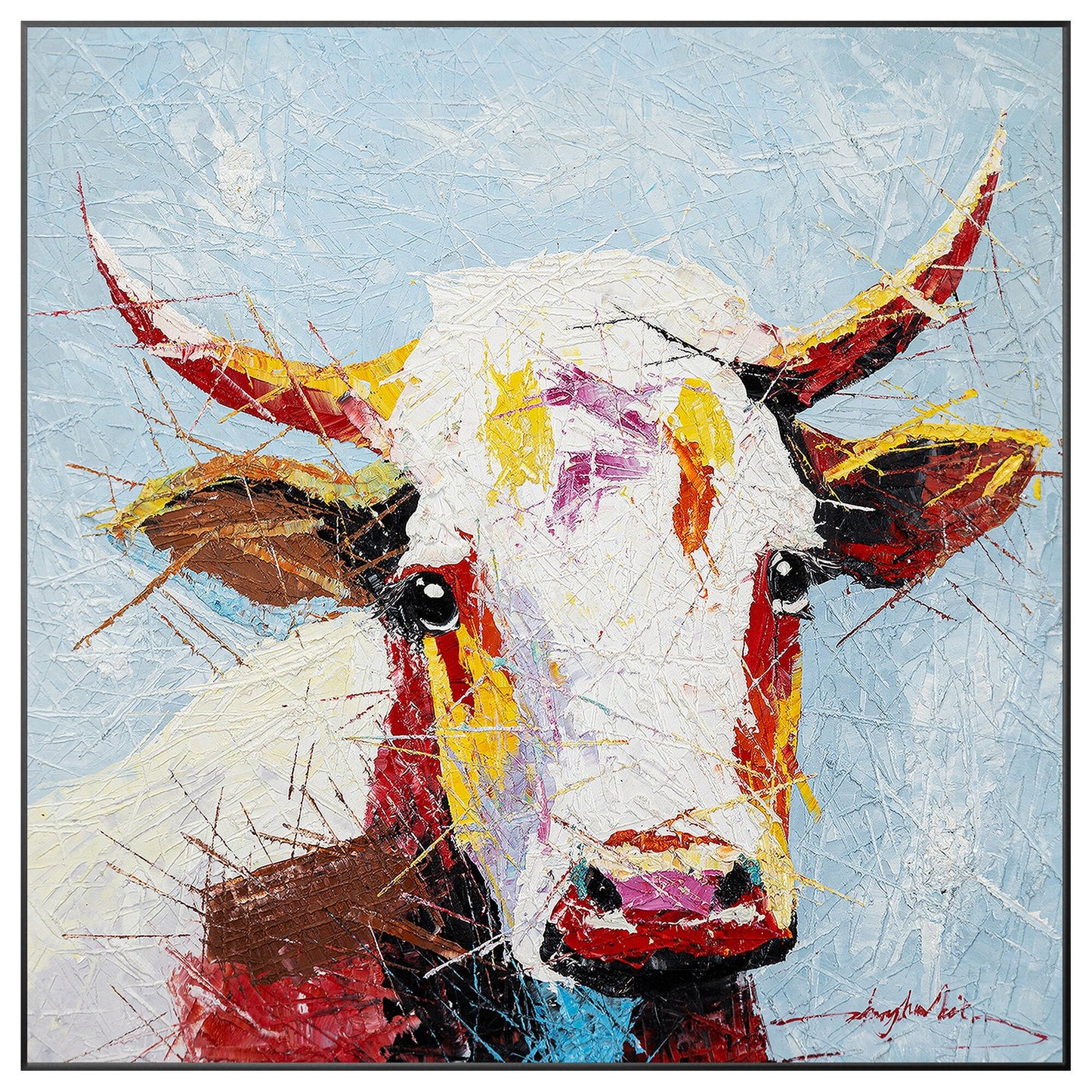 Colorful Cow Painting: Original Texture Art on Canvas, Framed #10