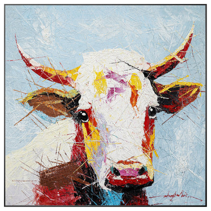 Colorful Cow Painting: Original Texture Art on Canvas, Framed #10