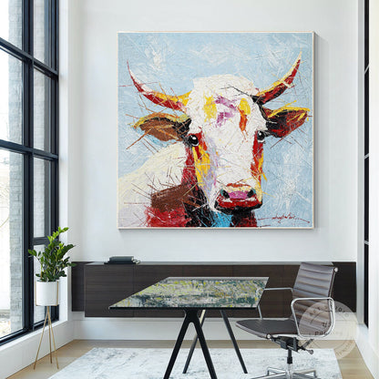 Colorful Cow Painting: Original Texture Art on Canvas, Framed #1