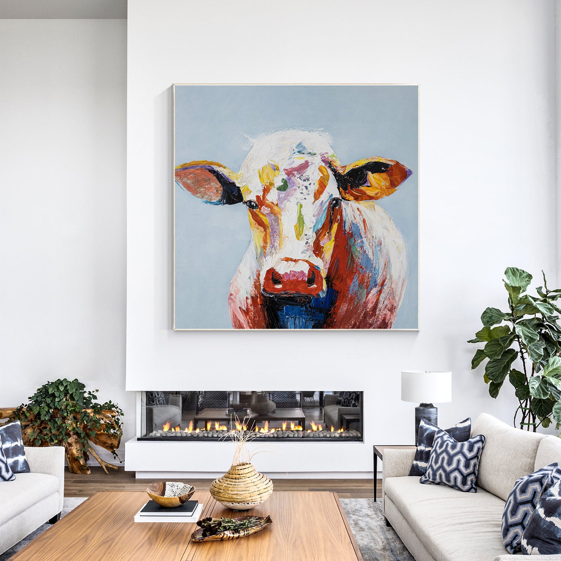 Colorful Cow Painting: Original Texture Wall Art on Canvas #4