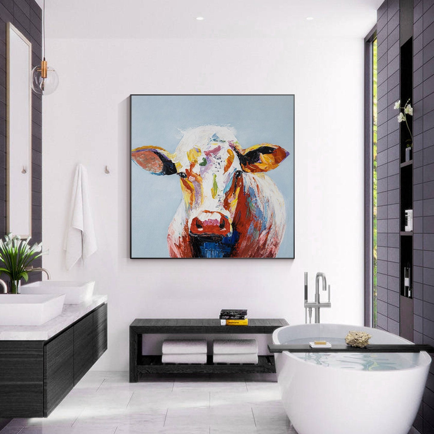 Colorful Cow Painting: Original Texture Wall Art on Canvas #1