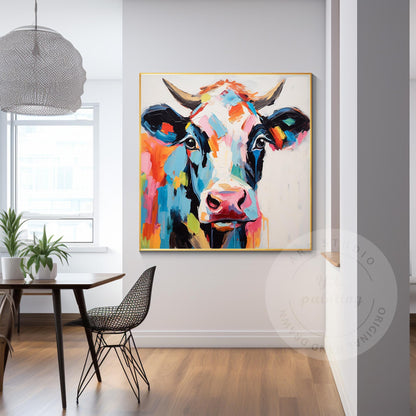 Colorful Cow Portrait Painting: 3D Textured Pop Art on Canvas #2