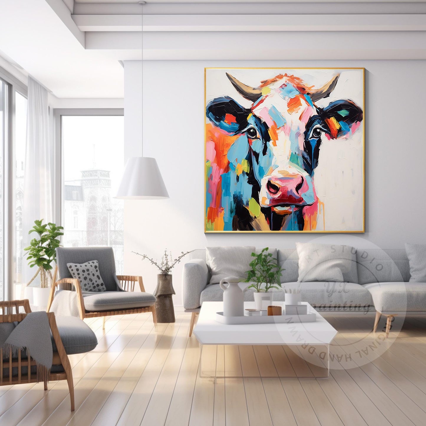Colorful Cow Portrait Painting: 3D Textured Pop Art on Canvas #3