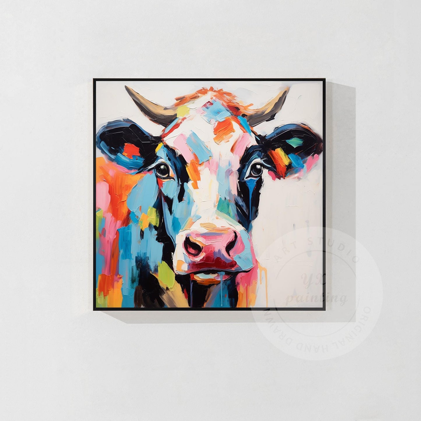 Colorful Cow Portrait Painting: 3D Textured Pop Art on Canvas #7