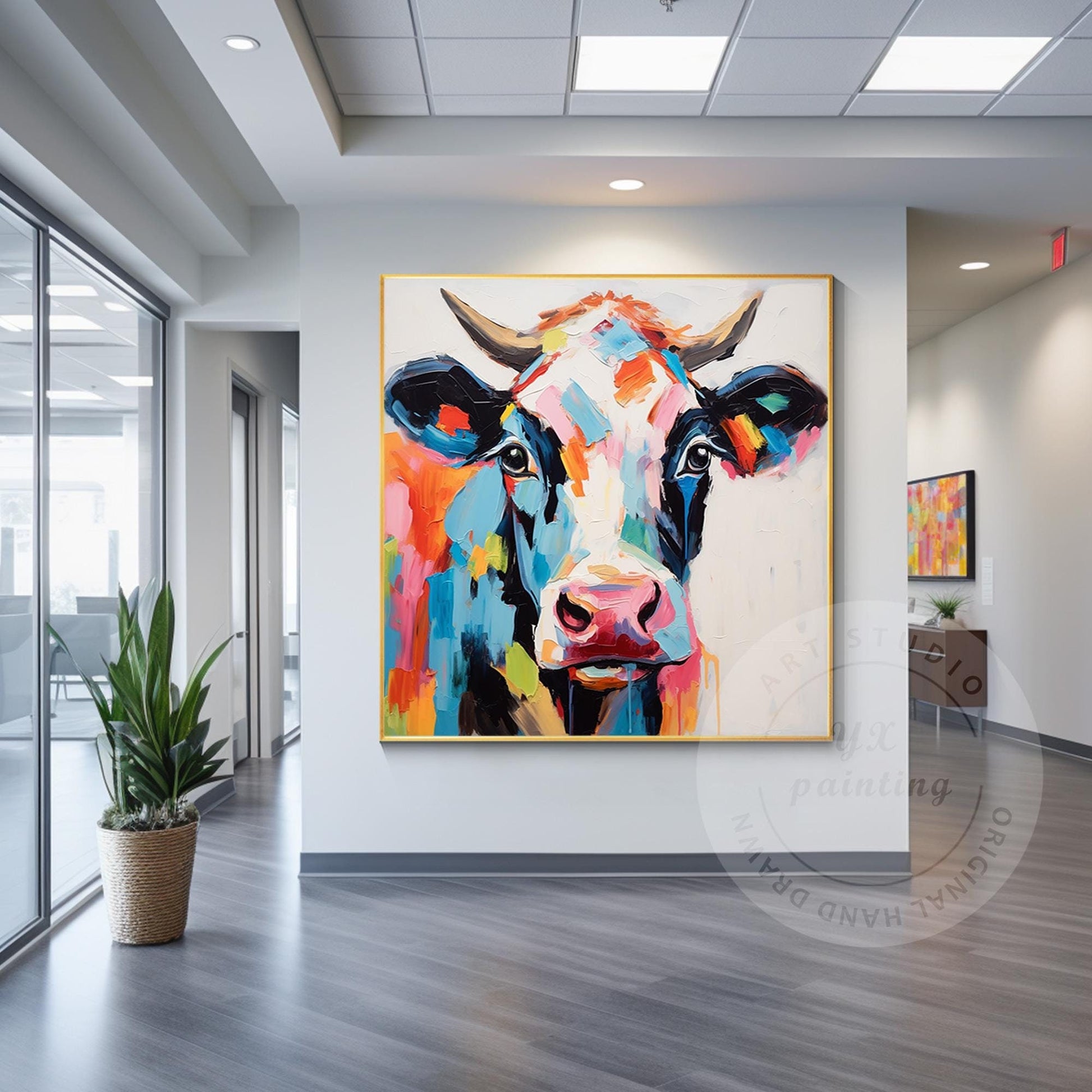 Colorful Cow Portrait Painting: 3D Textured Pop Art on Canvas #1