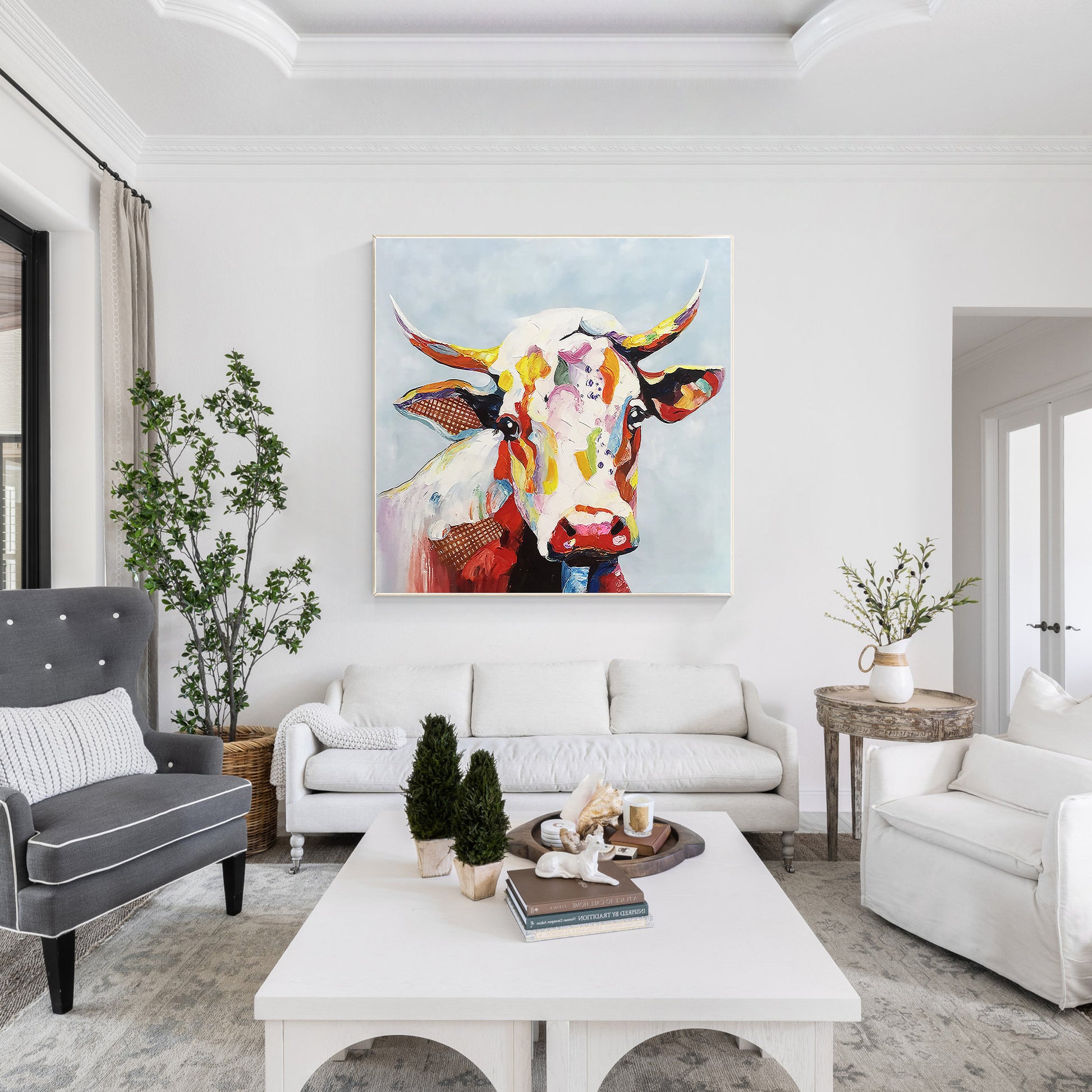 Colorful Cow Texture Wall Art, Original Painting On Canvas, Extra Large Square W #4