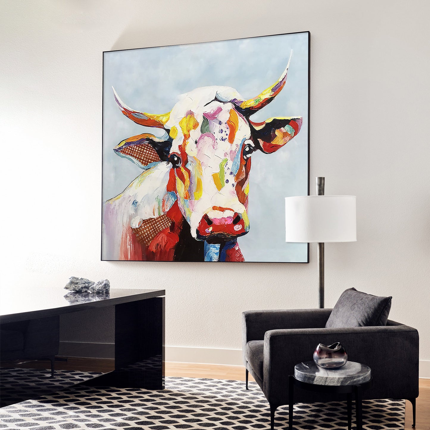 Colorful Cow Texture Wall Art, Original Painting On Canvas, Extra Large Square W #6