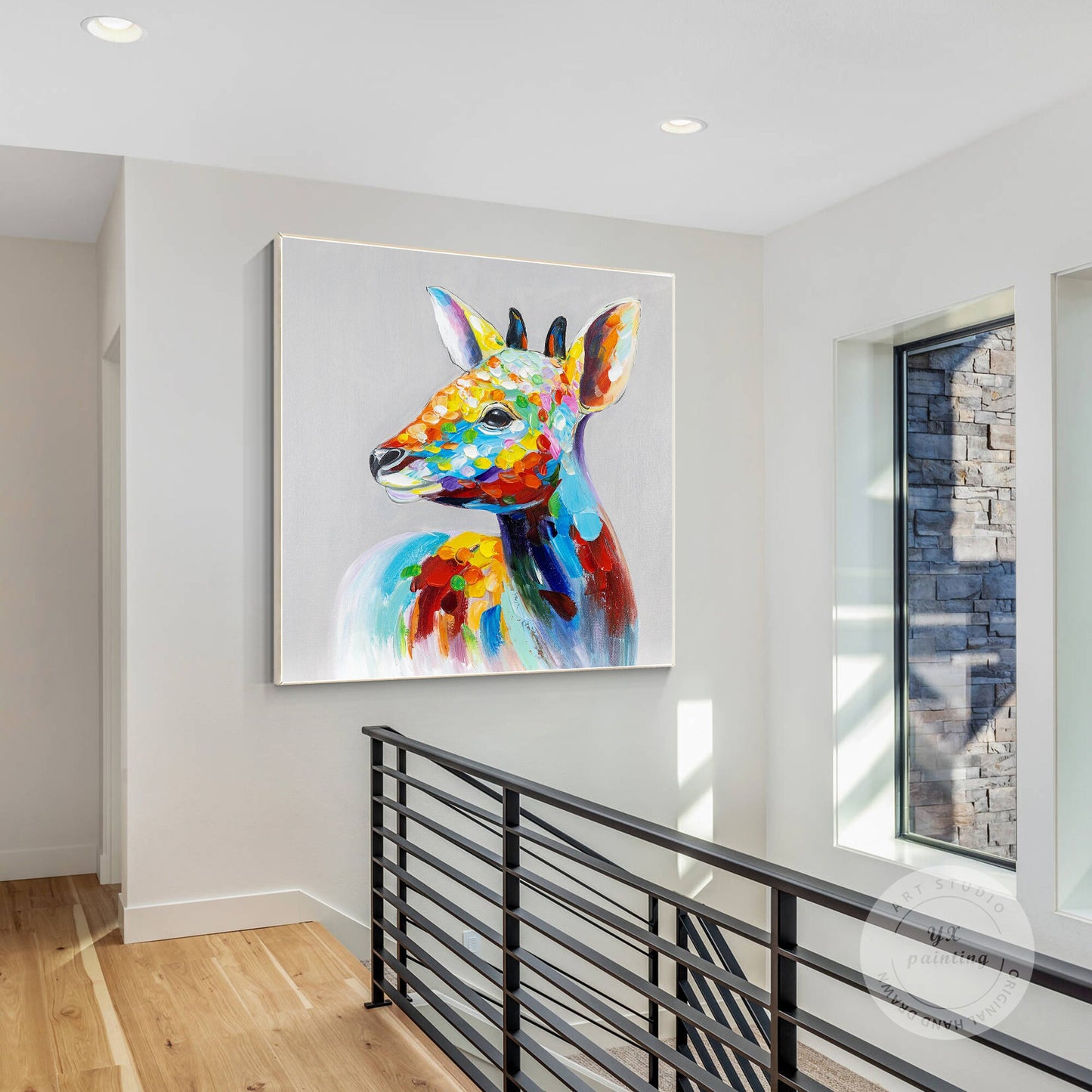 Colorful Deer Painting: Square Framed Animal Wall Art #2