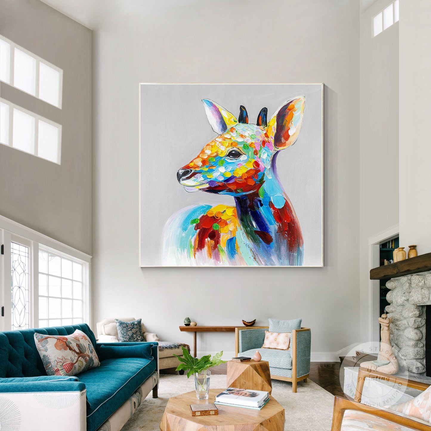 Colorful Deer Painting: Square Framed Animal Wall Art #4