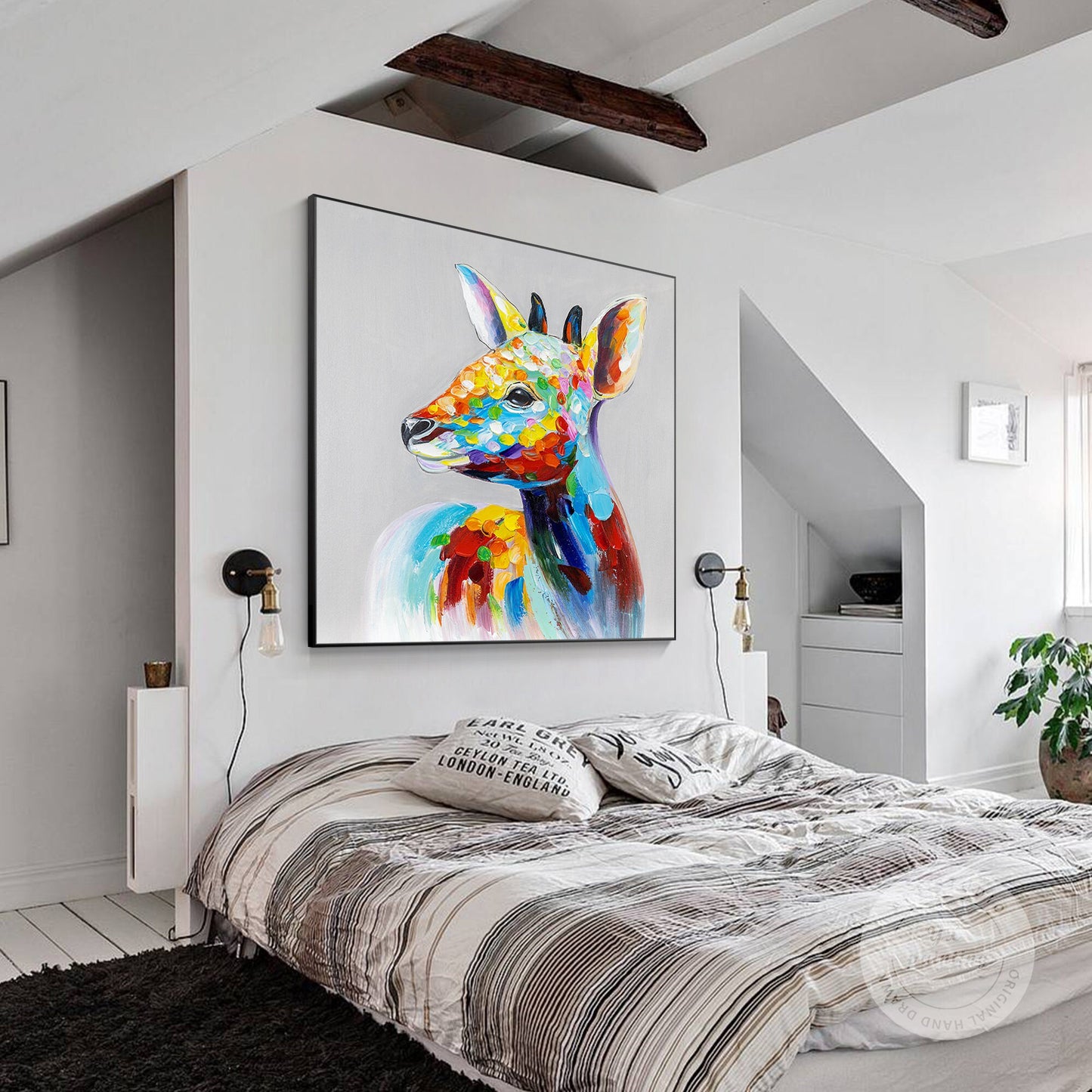 Colorful Deer Painting: Square Framed Animal Wall Art #5