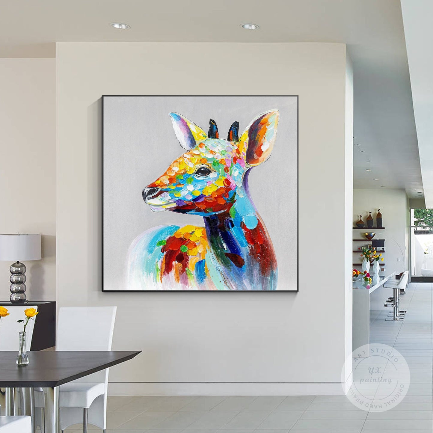 Colorful Deer Painting: Square Framed Animal Wall Art #1