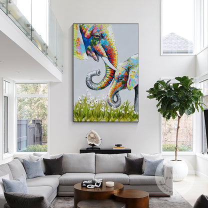 Colorful Elephant Family Painting: Textured Acrylic Canvas Wall Art #3